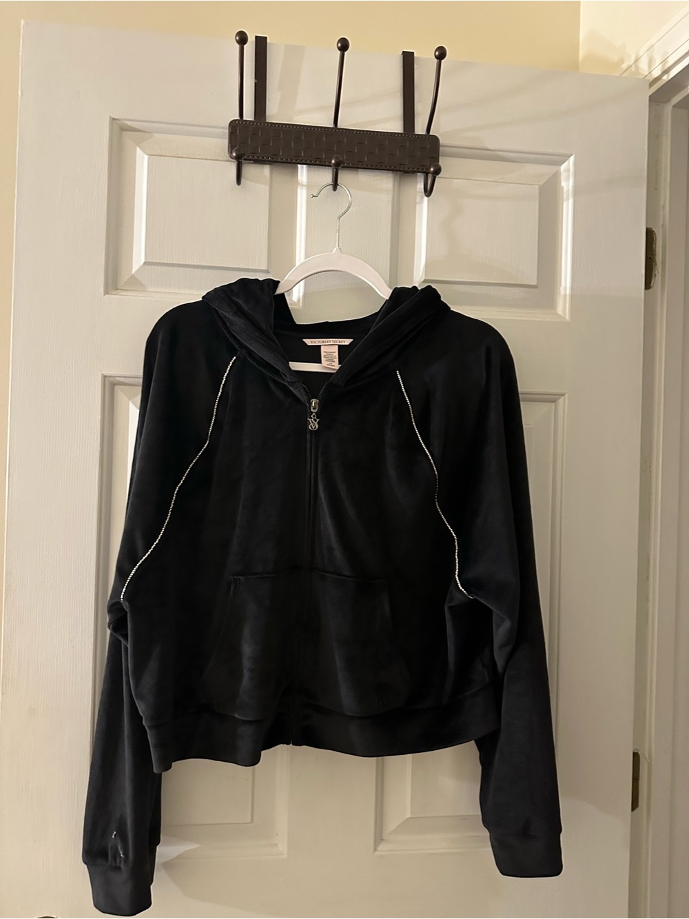 Victoria's Secret Black Hooded Zip Jacket with Silver Piping
